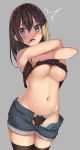  /\/\/\ 1girl bangs bare_shoulders black_legwear black_panties blue_eyes breasts brown_hair commentary_request cowboy_shot crop_top denim denim_shorts eyebrows_visible_through_hair grey_background hairband kureha_(ironika) lifted_by_self looking_at_viewer medium_breasts midriff navel open_mouth original panties pink_lips polka_dot red_hairband shiny shiny_skin short_shorts shorts simple_background standing stomach surprised thigh-highs thighs under_boob underwear undressing unzipped 