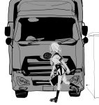  1girl absurdres bag comic food food_in_mouth full_body greyscale ground_vehicle highres monochrome motor_vehicle mouth_hold original running satchel school_uniform serafuku shoes short_hair sketch socks toast toast_in_mouth translation_request truck velzhe 