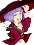  1girl absurdres bowl bowl_hat hat highres hiyuu_(flying_bear) holding holding_hat japanese_clothes kimono long_sleeves needle obi object_on_head open_mouth purple_hair sash short_hair simple_background smile solo sukuna_shinmyoumaru touhou white_background wide_sleeves yellow_eyes 