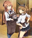  2girls apron black_skirt breasts brown_hair closed_mouth flipped_hair girls_frontline green_eyes hair_between_eyes hand_on_hip heart_lock_(kantai_collection) jju_kumey kantai_collection large_breasts long_hair long_sleeves m1903_springfield_(girls_frontline) multiple_girls mutsu_(kantai_collection) parted_lips pleated_skirt ponytail red_legwear shirt short_hair sidelocks skirt smile striped striped_skirt thigh-highs waitress white_shirt 