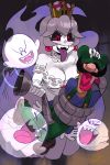  1boy 1girl alex_ahad black_sclera boo breasts cleavage commentary crown facial_hair ghost hat highres luigi luigi&#039;s_mansion super_mario_bros. mustache new_super_mario_bros._u_deluxe nintendo overalls poltergust_3000 princess_king_boo purple_tongue red_eyes screaming shoes super_crown tongue tongue_out white_hair white_skin 