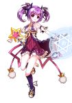  1girl 2200659903_rika aisha_(elsword) armpits bare_shoulders battle_magician_(elsword) breasts cleavage elsword eyebrows_visible_through_hair magic_circle magical_girl medium_breasts purple_hair short_hair solo staff standing star twintails violet_eyes white_background 