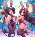  2girls :d ahoge animal_ear_fluff animal_ears ass azur_lane bare_shoulders bell black_legwear breasts brown_hair bunny_tail chingisu collarbone covered_navel double_bun fake_animal_ears full_moon hairband high_heels holding jingle_bell leg_up leotard long_hair looking_at_viewer mallet medium_breasts midriff moon multiple_girls ning_hai_(azur_lane) open_mouth orange_eyes pantyhose ping_hai_(azur_lane) purple_footwear purple_hair purple_leotard rabbit_ears red_leotard shoes short_hair smile stirrup_legwear striped striped_leotard tail tassel thigh-highs toeless_legwear vertical-striped_leotard vertical_stripes white_hairband 