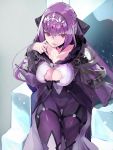  1girl bangs bodysuit breasts cleavage cleavage_cutout commentary_request fate/grand_order fate_(series) fur_trim grey_background hair_between_eyes highres jewelry large_breasts long_hair looking_at_viewer purple_hair red_eyes scathach_(fate)_(all) scathach_skadi_(fate/grand_order) sitting smile solo taishi_(picchiridou) throne tiara 