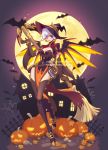  1girl alternate_costume bat breasts cleavage earrings elbow_gloves full_body full_moon gloves halloween halloween_costume hat highres jack-o&#039;-lantern jewelry leaves lipstick looking_at_viewer makeup mechanical_wings medium_breasts mercy_(overwatch) moon night overwatch pumpkin purple_lipstick short_hair smile solo thigh-highs tumblr_username twitter_username violet_eyes watermark web_address white_hair wings witch witch_hat witch_mercy ziyo_ling 