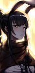  1girl animal_ears bangs baraart black_eyes black_hair blunt_bangs blush breasts brown_cloak cloak closed_mouth commentary english_commentary highres long_hair looking_at_viewer medium_breasts narberal_gamma overlord_(maruyama) ponytail rabbit_ears solo 