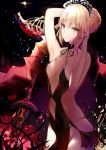  1girl absurdres arm_up artoria_pendragon_(all) bare_arms bare_shoulders black_choker black_ribbon blonde_hair braid breasts choker closed_mouth collarbone commentary_request dark_excalibur dress fallen_heaven fate/grand_order fate/stay_night fate_(series) flower hair_bun hand_in_hair highres looking_at_viewer pelvic_curtain petals red_dress red_flower revealing_clothes ribbon saber_alter sidelocks skeleton skull sleeveless sleeveless_dress small_breasts smile solo yellow_eyes 