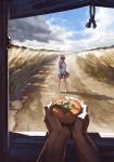  clouds cloudy_sky field food fruit holding holding_fruit hood kijin_seija long_sleeves outstretched_arms road skirt sky touhou yamamomo_(plank) 