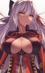  1girl ahoge bangs black_bow black_coat bow breasts cleavage cleavage_cutout closed_mouth commentary_request dark_skin erect_nipples eyebrows_visible_through_hair fate/grand_order fate_(series) hair_between_eyes hair_bow hair_ribbon high_collar ibuki_notsu koha-ace large_breasts long_hair looking_at_viewer okita_souji_(alter)_(fate) okita_souji_(fate)_(all) ribbon sidelocks solo tassel tied_hair upper_body very_long_hair white_background white_hair yellow_eyes 