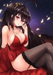  1girl :p ahoge azur_lane bangs bare_arms bare_shoulders blush breasts brown_hair brown_legwear choker cleavage closed_mouth cocktail_dress collarbone commentary_request dress eyebrows_visible_through_hair garter_straps hair_between_eyes hair_ornament hand_on_own_face hand_up head_tilt highres large_breasts long_hair looking_at_viewer one_side_up red_choker red_dress red_eyes ryara_vivi sitting skirt_hold sleeveless sleeveless_dress smile solo taihou_(azur_lane) thigh-highs tongue tongue_out very_long_hair 
