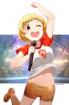  1girl ;d arm_up belly boots breasts brown_eyes character_check fukuda_noriko highres holding holding_microphone idolmaster indoors looking_at_viewer medium_breasts microphone nagian navel one_eye_closed open_mouth orange_footwear orange_shorts photo_background shirt short_hair short_shorts shorts smile solo t-shirt thigh-highs thigh_boots 