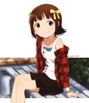  1girl bench black_skirt bow brown_hair character_request day green_eyes hair_bow idolmaster looking_at_viewer nagian outdoors plaid plaid_shirt red_shirt shirt short_hair sitting skirt smile solo unbuttoned unbuttoned_shirt watch watch white_shirt yellow_bow 