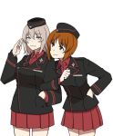  2girls arm_grab bangs black_hat black_jacket brown_eyes brown_hair clenched_hand closed_mouth commentary_request constricted_pupils cowboy_shot dress_shirt emblem eyebrows_visible_through_hair frown garrison_cap girls_und_panzer hand_in_pocket hat highres itsumi_erika jacket korean_commentary kuromorimine_military_uniform leaning_forward long_hair long_sleeves looking_at_another military military_hat military_uniform multiple_girls nishizumi_miho perfect_han pleated_skirt red_shirt red_skirt salute shirt short_hair simple_background skirt smirk standing uniform wavy_mouth white_background wing_collar 