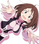  1girl :d blush_stickers bodysuit boku_no_hero_academia breasts brown_eyes brown_hair ixy looking_at_viewer medium_breasts open_mouth short_hair simple_background smile solo uraraka_ochako white_background 