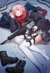 1girl alternate_costume ar-15 assault_rifle bangs black_footwear blue_eyes blue_hair blue_jacket boots_removed closed_mouth combat_knife eyebrows_visible_through_hair girls_frontline gun hair_between_eyes hair_ornament highres holding holding_gun holding_weapon holster jacket knife knife_holster long_hair looking_at_viewer lying lynchis magpul multicolored_hair on_side one_side_up open_clothes open_jacket panties pink_hair red_scarf rifle scarf school_uniform side_ponytail sidelocks skirt solo st_ar-15_(girls_frontline) streaked_hair thigh-highs thigh_holster thigh_strap thighs underwear weapon weapon_bag white_legwear white_panties 