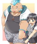  1boy 1girl animal_ears artist_request bangs beads black_hair blue_hair copyright_request eyebrows_visible_through_hair hair_between_eyes highres holding jewelry long_hair monster necklace ogre open_mouth orc original pig_ears shorts simple_background smile standing 