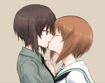  2girls brown_eyes brown_hair closed_eyes girls_und_panzer hand_on_another&#039;s_shoulder height_difference incest kiss looking_at_another multiple_girls mutsu_(layergreen) necktie nishizumi_maho nishizumi_miho sailor_collar school_uniform short_hair siblings sisters tan_background upper_body yuri 