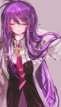  1girl aether_sage_(elsword) aisha_(elsword) annlin cloak closed_eyes elsword grey_background highres jewelry long_hair necklace necktie purple_hair sparkle 