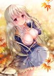  1girl :o arm_under_breasts autumn_leaves bangs bikini_top blue_dress blush breast_hold breasts cleavage collared_shirt commentary_request dress eyebrows_visible_through_hair fingernails front-tie_bikini front-tie_top hair_between_eyes hand_up heavy_breathing highres large_breasts leaf light_brown_hair long_hair long_sleeves looking_at_viewer maple_leaf neck_ribbon original parted_lips pink_ribbon pleated_dress red_eyes ribbon shirt sleeves_past_wrists solo sousouman standing sweat very_long_hair white_bikini_top white_shirt 