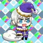  1boy :d aki_usagi alternate_costume blue_eyes blush chibi christmas fate/grand_order fate_(series) fur-trimmed_jacket fur_trim gao_changgong_(fate) gift_bag hat highres holding holding_sack jacket long_sleeves male_focus meme padoru_(meme) pants purple_headwear sack santa_costume santa_hat silver_hair smile solo 