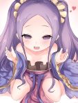  1girl :d bare_shoulders blush breasts breasts_apart chinese_clothes collarbone commentary_request eyelashes fate/grand_order fate_(series) forehead half-closed_eyes hands_up hanfu heart long_hair long_sleeves looking_at_viewer open_mouth purple_hair raised_eyebrows shawl sitting small_breasts smile solo twintails very_long_hair violet_eyes wariza wide_sleeves wu_zetian_(fate/grand_order) 