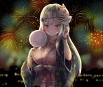  1girl aerial_fireworks arm_up bangs blurry blurry_background blush breasts brown_kimono building closed_mouth cotton_candy depth_of_field eyebrows_visible_through_hair facial_mark fingernails fireworks food fox_mask girls_frontline green_eyes hk416_(girls_frontline) holding holding_food japanese_clothes kimono long_hair long_sleeves looking_at_viewer mask mask_on_head medium_breasts melynx_(user_aot2846) night night_sky obi outdoors sash silver_hair sky solo very_long_hair wide_sleeves 