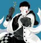  1boy belt black_gloves black_hair blue_background blush_stickers checkered cross cross_necklace ekubo_(mob_psycho_100) gloves highres jewelry jewelry_removed mob_psycho_100 murasaki_nasu necklace necklace_removed solo standing string 