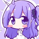  1girl :o ahoge azur_lane bangs bare_shoulders big_head black_ribbon blush_stickers chibi commentary_request dress elbow_gloves eyebrows_visible_through_hair geo_(yukishitadou) gloves hair_between_eyes hair_ribbon long_hair looking_at_viewer one_side_up outline parted_lips purple_background purple_hair ribbon solo strapless strapless_dress unicorn_(azur_lane) very_long_hair violet_eyes white_dress white_gloves white_outline 