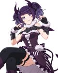  1girl bangs black_legwear diagonal_bangs dress fur_trim highres idolmaster idolmaster_shiny_colors legs_crossed looking_at_viewer nagami_tami nail_polish purple_hair short_twintails sitting tanaka_mamimi thigh-highs twintails violet_eyes 