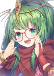  1girl adjusting_eyewear aqua_eyes bangle bangs bespectacled blush bracelet bridal_gauntlets chiki circlet cloak commentary_request eyebrows_visible_through_hair fire_emblem fire_emblem_heroes gem glasses green_hair hands_up highres hood hood_down hooded_cloak jewelry long_hair long_sleeves necklace nintendo pendant ponytail red-framed_eyewear round_teeth simple_background solo teeth topia upper_body upper_teeth white_background 