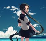  1girl 8ne_(nitika127) ayanami_(kantai_collection) black_hair black_sailor_collar black_skirt blue_sky brown_eyes clouds cowboy_shot day horizon kantai_collection long_hair looking_at_viewer looking_back ocean open_mouth outdoors pleated_skirt remodel_(kantai_collection) sailor_collar school_uniform serafuku side_ponytail skirt sky smile solo standing 