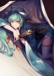  1girl aqua_hair bangs blush breasts curtains eyebrows_visible_through_hair fan fate/grand_order fate_(series) folding_fan hair_between_eyes holding holding_fan horns japanese_clothes kimono kiyohime_(fate/grand_order) kyouya_(mukuro238) large_breasts long_hair looking_at_viewer lying on_bed sidelocks signature smile solo thighs top-down_bottom-up very_long_hair white_legwear wide_sleeves yellow_eyes 