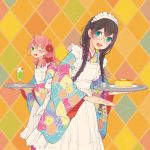  2girls akashi_(kantai_collection) alternate_costume apron black_hair blue_eyes braid colis flower food frills green_eyes hair_flower hair_ornament japanese_clothes kantai_collection long_hair low_twintails maid_headdress multiple_girls one_eye_closed ooyodo_(kantai_collection) pancake pink_hair twin_braids twintails twitter_username 