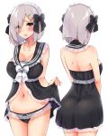  1girl absurdres alternate_costume ass black_dress black_panties blue_eyes blush breasts collarbone dress dress_lift embarrassed enmaided frilled_panties frills from_behind hair_ornament hair_over_one_eye hairclip hamakaze_(kantai_collection) highres impossible_clothes kantai_collection large_breasts looking_at_viewer maid multiple_views navel panties sailor_collar sarfata short_hair silver_hair simple_background underwear upper_body white_background 