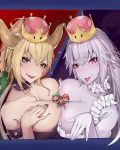  2boys 2girls :p armlet between_breasts black_nails blonde_hair blue_eyes blush bowsette breasts choker collar commentary_request crown eyebrows_visible_through_hair facial_hair frilled_choker frills gloves green_hat hair_between_eyes hat highres horns large_breasts letterboxed long_hair looking_at_viewer luigi luigi&#039;s_mansion mario super_mario_bros. multiple_boys multiple_girls mustache nail_polish new_super_mario_bros._u_deluxe nintendo pale_skin pink_eyes pointy_ears ponytail princess_king_boo red_hat sharp_teeth sherryqq short_hair silver_hair smile spiked_armlet spiked_collar spikes super_crown teeth tongue tongue_out upper_body white_choker white_gloves x_x 