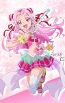  1girl :d bow commentary cure_yell dated earrings flower hair_flower hair_ornament hair_ribbon heart highres hugtto!_precure jewelry jumping lipstick long_hair looking_at_viewer magical_girl makeup navel nii_manabu nono_hana open_mouth pink_eyes pink_hair pink_skirt pom_poms precure ribbon signature skirt smile wand 