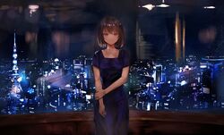  1girl bangs black_hair blue_dress breasts city_lights cityscape closed_mouth collarbone commentary_request dress highres holding_own_arm indoors jewelry kyota07 looking_at_viewer medium_breasts necklace night night_sky original scenery short_hair short_sleeves sidelocks sky smile solo standing star_(sky) starry_sky tower violet_eyes window 