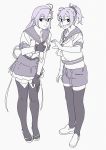  2girls antenna_hair aoba_(kantai_collection) full_body gloves hair_tie heart heart_hands heart_hands_duo kantai_collection kinugasa_(kantai_collection) messy_hair monochrome multiple_girls neckerchief necktie ojipon ponytail rejection remodel_(kantai_collection) school_uniform scrunchie serafuku shorts side_ponytail standing thigh-highs thumbs_up tsurime 