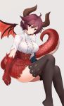  1girl ahoge asymmetrical_arms black_legwear blouse breasts commentary_request corset dragon_girl dragon_horns dragon_tail dragon_wings granblue_fantasy grea_(shingeki_no_bahamut) hair_between_eyes head_tilt highres horns jacket jacket_removed large_breasts light_blush light_smile looking_at_viewer plaid plaid_skirt pointy_ears purple_hair red_eyes short_hair skirt solo tail takitsubo thigh-highs torn_blouse torn_sleeve white_blouse wings 