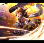  1girl action black_border blood blood_on_face border bruise_on_face bullet clenched_hands explosion hair_ornament hairclip highres light_brown_hair nyanmaru power_fist scarf senki_zesshou_symphogear shorts sparks tachibana_hibiki_(symphogear) 