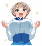  1girl :d axis_powers_hetalia blue_eyes blue_ribbon breasts buttons dress_shirt eyebrows_visible_through_hair fingernails flying_sweatdrops hair_ornament hairband hands_up large_breasts long_sleeves looking_at_viewer open_mouth ribbon sayshownen shirt short_hair silver_hair smile solo twitter_username ukraine_(hetalia) white_background white_shirt x_hair_ornament yellow_hairband 