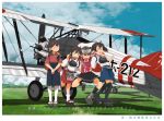  4girls ^_^ ^o^ aircraft airplane akagi_(kantai_collection) black_hair black_hakama black_legwear blue_hakama blue_sky brown_eyes brown_hair closed_eyes closed_eyes clouds cloudy_sky commentary_request day fang hair_between_eyes hakama hakama_skirt houshou_(kantai_collection) japanese_clothes kaga_(kantai_collection) kantai_collection kariginu kimono kitsuneno_denpachi long_hair long_sleeves magatama multiple_girls muneate open_mouth pantyhose pink_kimono ponytail red_hakama ryuujou_(kantai_collection) short_hair side_ponytail sky smile tasuki thigh-highs translation_request twintails visor_cap white_legwear 