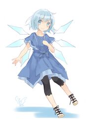  1girl alternate_costume bangs black_pants blue_dress blue_eyes blue_hair blush casual cirno collarbone commentary_request contemporary dress eyebrows_visible_through_hair full_body hand_on_own_chest highres ice ice_wings lace_trim looking_at_viewer no_nose pants petticoat shadow shoes short_hair short_sleeves signature simple_background smile solo touhou toutenkou white_background wide_sleeves wings 