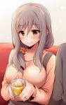  1boy 1girl blush breasts collarbone commentary_request couch cup grey_hair hair_ornament hair_over_shoulder hair_scrunchie holding holding_cup idolmaster idolmaster_cinderella_girls jewelry kanzaki_ranko large_breasts long_hair looking_at_viewer older ring scrunchie sitting smile solo_focus uraichishi violet_eyes wedding_band 
