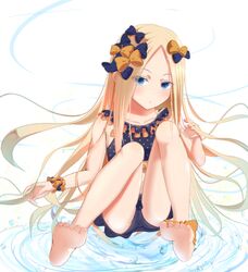  1girl abigail_williams_(fate/grand_order) artist_request bangs bare_shoulders bikini black_bikini black_bow blonde_hair blue_eyes blush bow collarbone fate/grand_order fate_(series) feet forehead frilled_bikini frills hair_bow highres knees_up legs long_hair looking_at_viewer orange_bow parted_bangs polka_dot polka_dot_bikini polka_dot_bow sakazakinchan scrunchie sitting solo swimsuit thighs water white_background wrist_scrunchie 