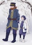  1boy 1girl ainu ainu_clothes asirpa bandanna black_hair blue_eyes blush boots cape closed_eyes coat earrings facial_scar fingerless_gloves full_body fur_boots fur_cape gloves golden_kamuy hand_holding hand_in_pocket hat height_difference hoop_earrings jewelry leg_warmers makuri_hk peaked_cap scar scarf snow snowing sugimoto_saichi tree winter 