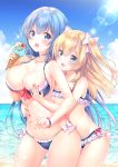  2girls :d :o absurdres beach bikini blonde_hair blue_bikini blue_eyes blue_hair blue_sky blush bow bracelet breast_grab breasts cherry cleavage clouds collarbone cowboy_shot day emori_el emori_miku emori_miku_project eyebrows_visible_through_hair fang food food_on_body food_on_breasts frilled_bikini frills front-tie_bikini front-tie_top fruit grabbing hair_bow highres holding holding_food horizon hug hug_from_behind huge_filesize ice_cream ice_cream_cone jewelry large_breasts lens_flare light_rays long_hair looking_at_viewer melting multiple_girls nail_polish necklace ocean open_mouth orange_nails outdoors pink_bow pink_nails sakura_moyon side-tie_bikini sky small_breasts smile sparkle swimsuit two_side_up v-shaped_eyebrows very_long_hair water 