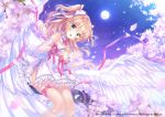  1girl 2018 :d angel_wings artist_name bangs bare_shoulders blonde_hair blue_eyes blurry blush bow breasts cherry_blossoms cleavage_cutout copyright_name covered_navel depth_of_field detached_collar dress elbow_gloves emori_el emori_miku_project eyebrows_visible_through_hair feathered_wings flower frills full_moon gloves hair_bow highres in_tree knees_together_feet_apart lace lace-trimmed_gloves leg_ribbon long_hair looking_at_viewer moon night night_sky open_mouth petals pink_ribbon ribbon sakura_moyon side_slit sitting sky small_breasts smile solo sparkle star_(sky) starry_sky strapless strapless_dress tree two_side_up white_bow white_dress white_gloves white_wings wings wrist_ribbon 