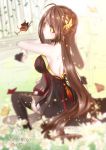  1girl 2200659903_rika ara_han back bare_shoulders blurry blurry_background braid bug butterfly elsword eyebrows_visible_through_hair floral_background insect long_hair looking_back sitting thigh-highs yama_raja_(elsword) 