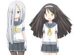  2girls :d alternate_hair_length alternate_hairstyle black_hair blue_eyes brown_legwear commentary_request cowboy_shot gloves hair_ornament hair_over_one_eye hairband hairclip hamakaze_(kantai_collection) kakizaki_(chou_neji) kantai_collection long_hair multiple_girls neckerchief open_mouth pantyhose pleated_skirt sailor_collar school_uniform serafuku silver_hair simple_background skirt smile tanikaze_(kantai_collection) white_background white_gloves yellow_eyes 